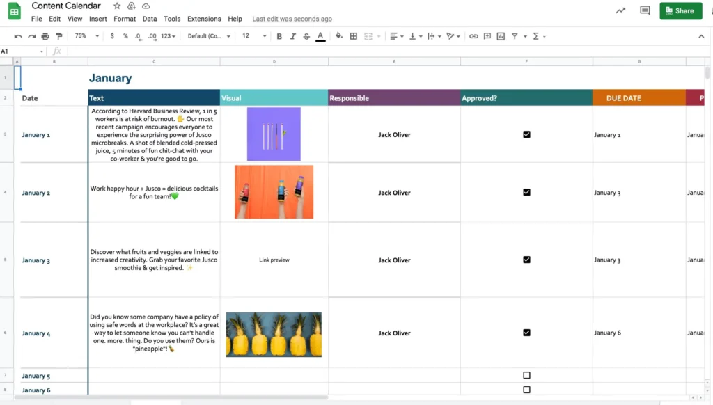 Example of a content calendar used for organizing social media posts.